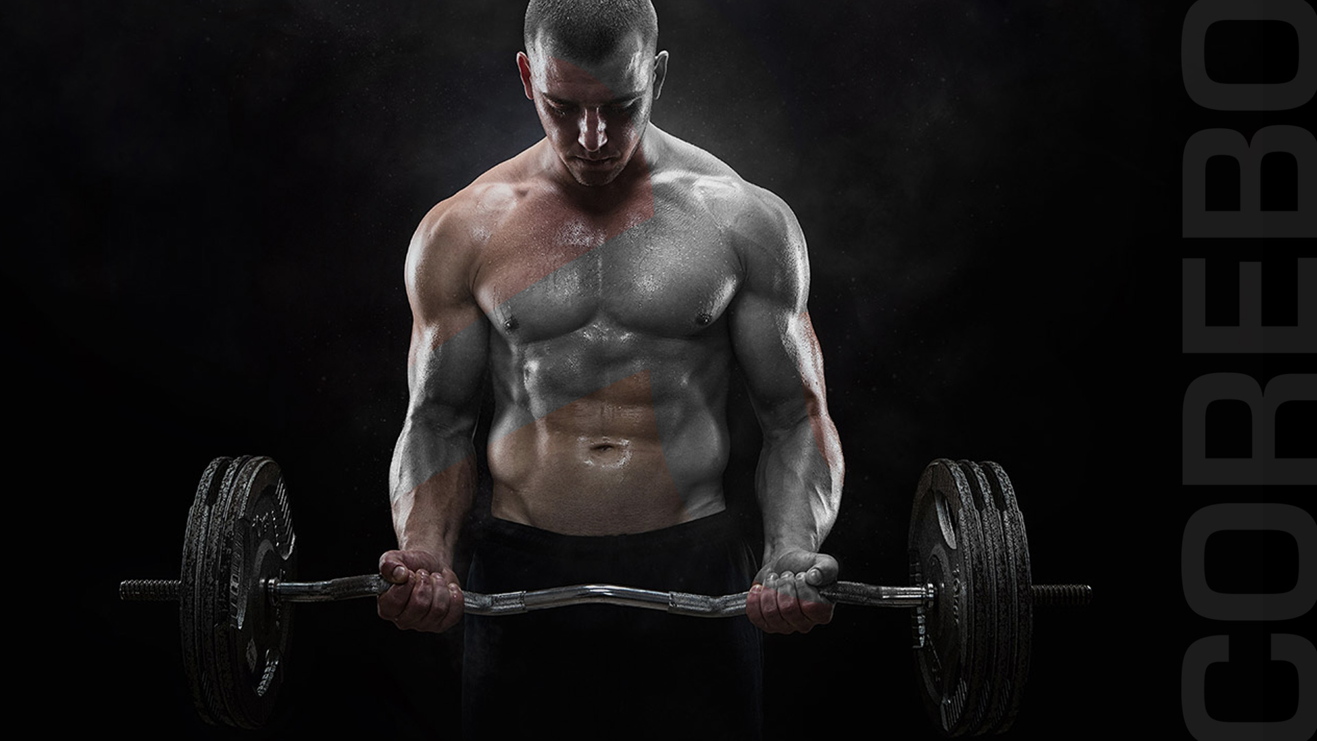 Close up of young muscular man lifting weights over dark backgro